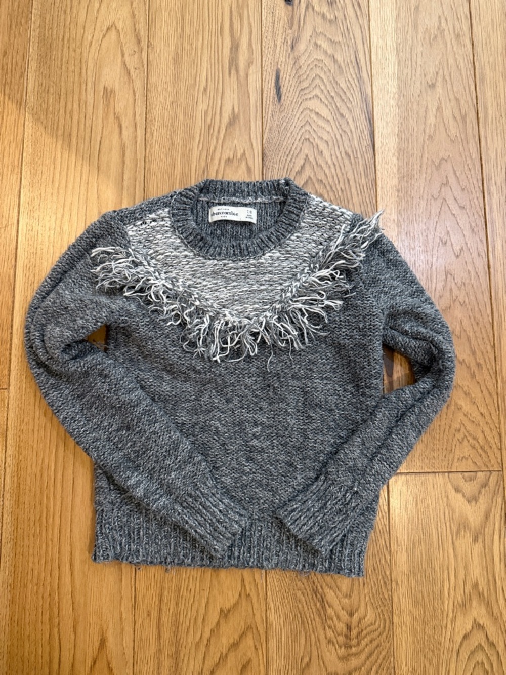 abercrombie kids Gray Fringe Yoke Crew Sweater
